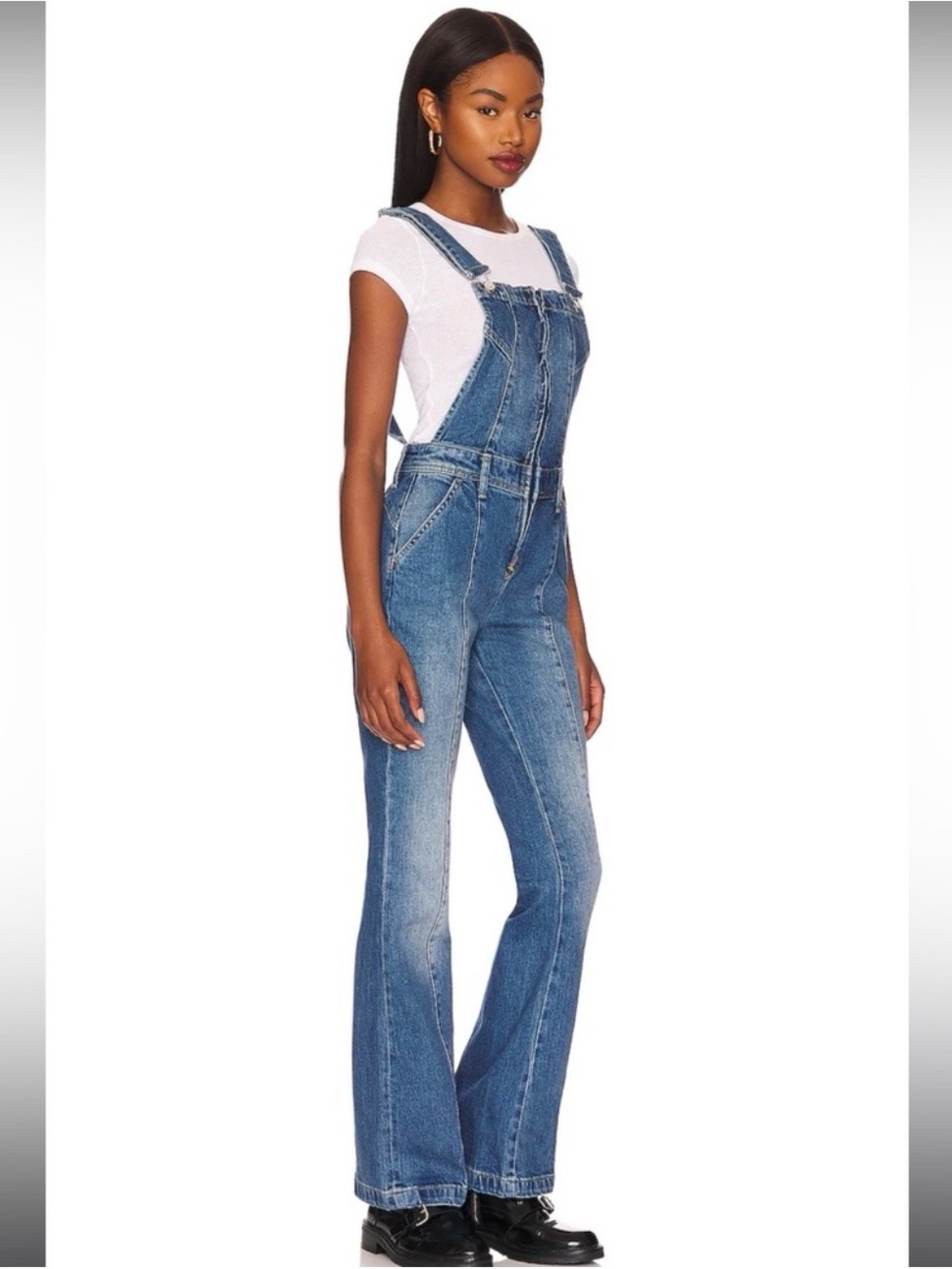 Free People Camilla Slim Blue Denim Flared Overalls